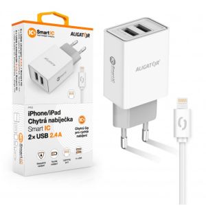 ALIGATOR Pametni mrežni polnilec 2.4A, 2xUSB, smart IC, bel, USB kabel za iPhone / iPad CHA0036