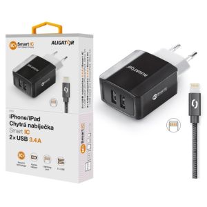 Pametni mrežni polnilec ALIGATOR 3.4A, 2xUSB, smart IC, črn, kabel za iPhone/iPad 2A CHS0001