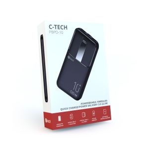 Powerbank C-tech 10000mAh, Li-Pol, 22,5 W, USB-C/USB-A/micro USB PBPD-10