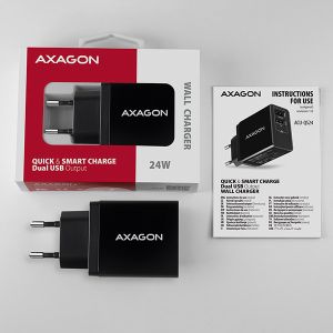 AXAGON ACU-QS24, QC & SMART mrežni polnilnik 24W, 2x USB-A vhod, QC3.0/AFC/FCP + 5V/1.2A ACU-QS24