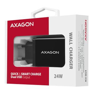 AXAGON ACU-QS24, QC & SMART mrežni polnilnik 24W, 2x USB-A vhod, QC3.0/AFC/FCP + 5V/1.2A ACU-QS24