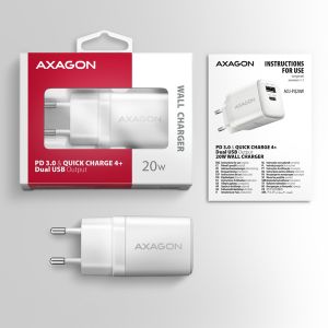 AXAGON ACU-PQ20W mrežni polnilec 20W, 2x priključki (USB-A + USB-C), PD3.0/PPS/QC4+/AFC/Apple, bel ACU-PQ20W