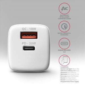 AXAGON ACU-PQ20W mrežni polnilec 20W, 2x priključki (USB-A + USB-C), PD3.0/PPS/QC4+/AFC/Apple, bel ACU-PQ20W