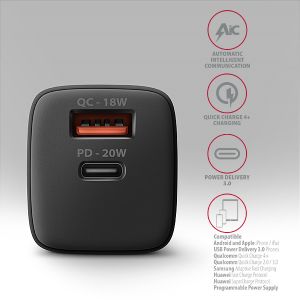 AXAGON ACU-PQ20 mrežni polnilec 20W, 2x vhoda (USB-A + USB-C), PD3.0/PPS/QC4+/AFC/Apple, črn ACU-PQ20