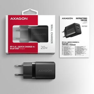 AXAGON ACU-PQ20 mrežni polnilec 20W, 2x vhoda (USB-A + USB-C), PD3.0/PPS/QC4+/AFC/Apple, črn ACU-PQ20