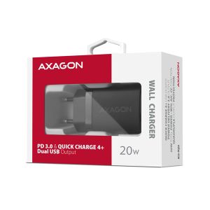 AXAGON ACU-PQ20 mrežni polnilec 20W, 2x vhoda (USB-A + USB-C), PD3.0/PPS/QC4+/AFC/Apple, črn ACU-PQ20