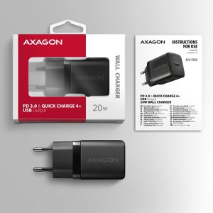 AXAGON ACU-PD20, mrežni polnilec 20W, 1x USB-C port, PD3.0/PPS/QC4+/AFC/Apple, črn ACU-PD20