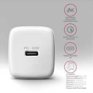 AXAGON ACU-PD20W, mrežni polnilec 20W, 1x USB-C vhod, PD3.0/PPS/QC4+/AFC/Apple, bel ACU-PD20W