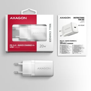 AXAGON ACU-PD20W, mrežni polnilec 20W, 1x USB-C vhod, PD3.0/PPS/QC4+/AFC/Apple, bel ACU-PD20W