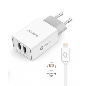 ALIGATOR Pametni mrežni polnilec 2.4A, 2xUSB, smart IC, bel, USB kabel za iPhone / iPad CHA0036