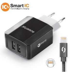 Pametni mrežni polnilec ALIGATOR 3.4A, 2xUSB, smart IC, črn, kabel za iPhone/iPad 2A CHS0001