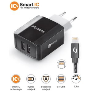 Pametni mrežni polnilec ALIGATOR 3.4A, 2xUSB, smart IC, črn, kabel za iPhone/iPad 2A CHS0001