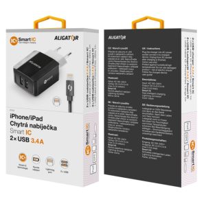 Pametni mrežni polnilec ALIGATOR 3.4A, 2xUSB, smart IC, črn, kabel za iPhone/iPad 2A CHS0001