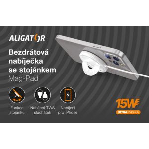 ALIGATOR brezžični polnilec ALIGATOR Mag-Pad, namenjen za MagSafe, 15W, bel AMS01WT