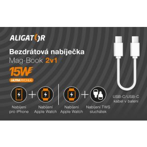 Brezžični polnilec ALIGATOR Mag-Book 2 v 1, zasnovan za MagSafe in Apple Watch polnjenje, 15W, bel AMS02WT