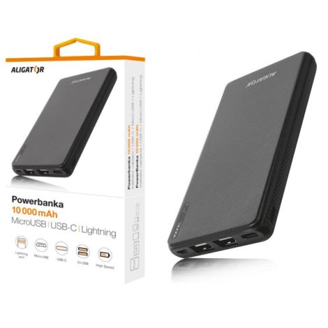 ALIGATOR PB1000, 10000mAh 3v1, micro/iPh/USB-C, črn PB1000BK