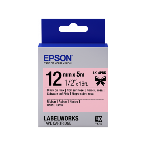 Pladenj za nalepke Epson - satenast trak, LK-4HKK, črna/roza, 12 mm (5 m) C53S654031